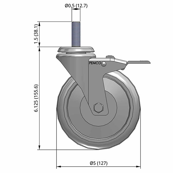 Side view drawing of caster with dimensions